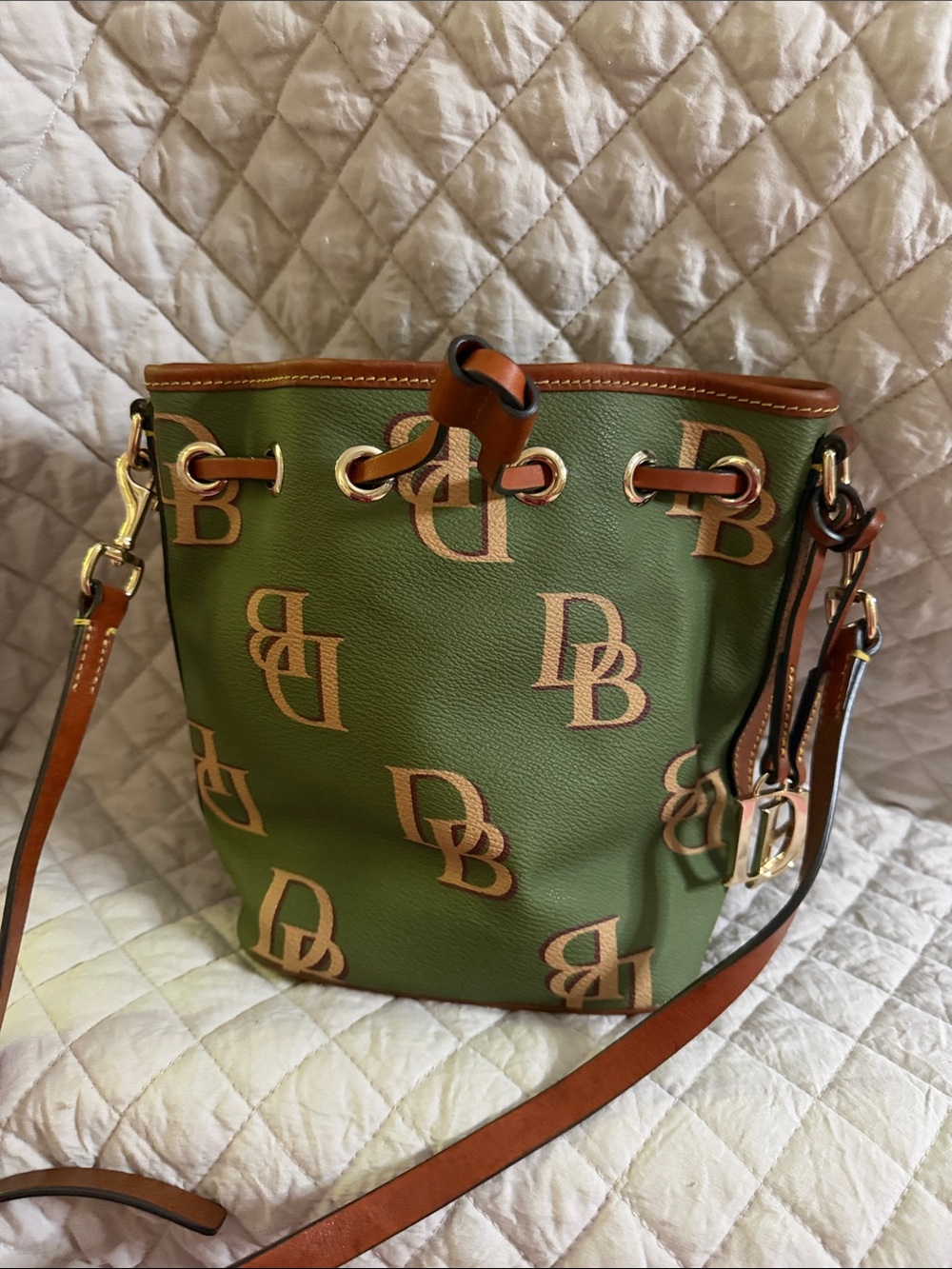 Dooney & Bourke Olive Green Logo Bucket Bag with Tan Trim
